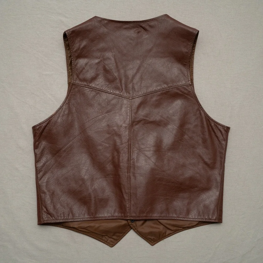 Vintage 70s 80s Sears Leather Shop Dark Brown Leather Vest 44 Reg Cowboy Western